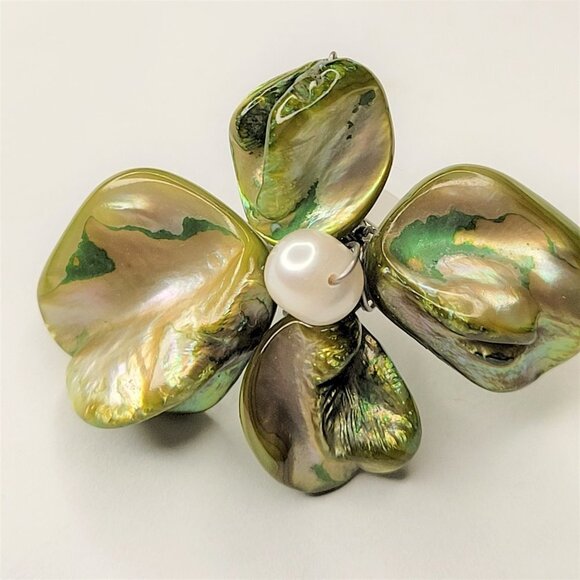 Green Shell with Freshwater Pearl Bead Asymmetric Flower Adjustable Ring - Picture 16 of 16
